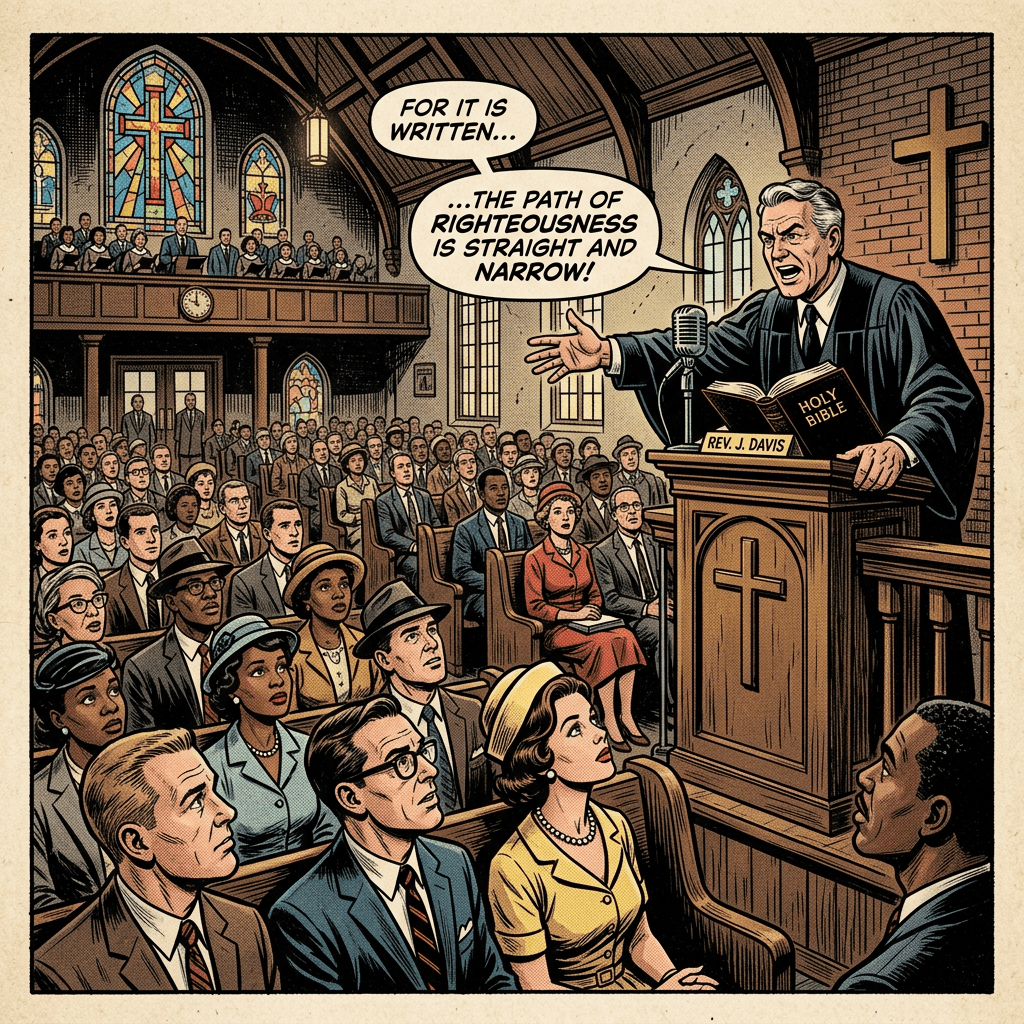 Reverend passionately preaching about righteousness from a pulpit to a diverse congregation inside a church