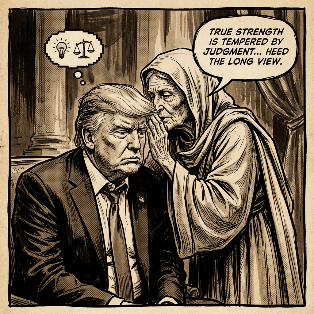 Wisdom whispering in Trump's ear, sepia tone