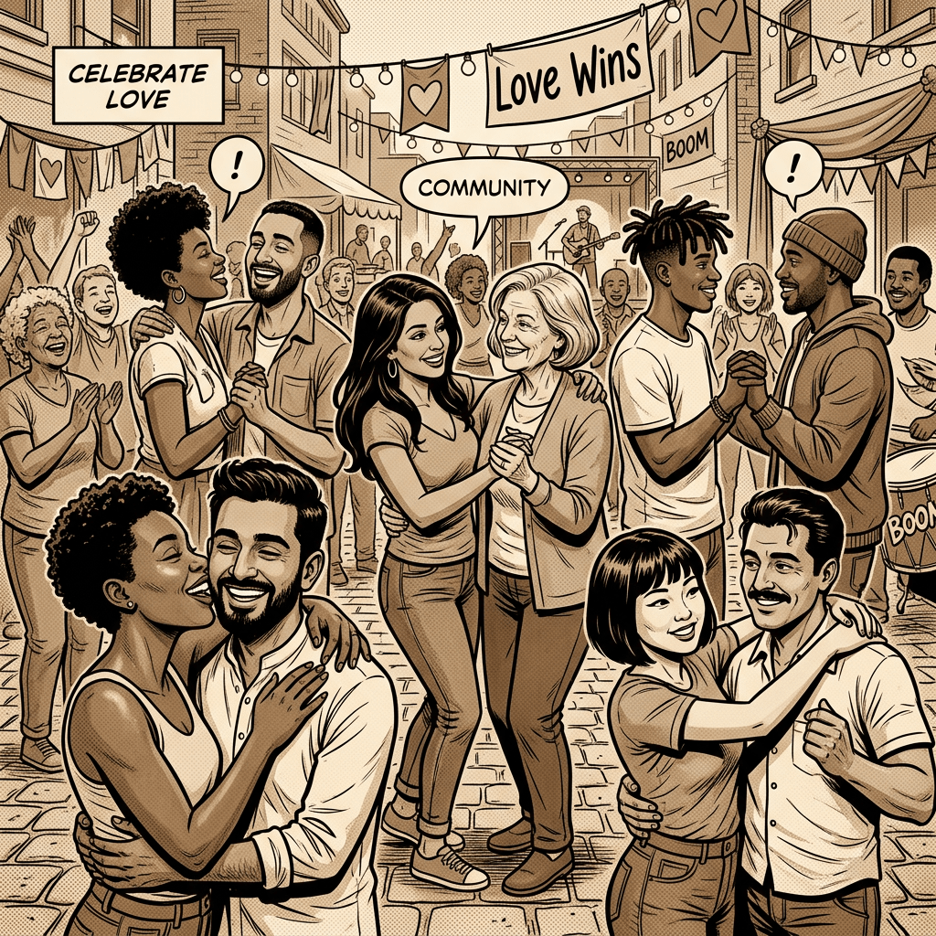 Diverse groups of people dancing and celebrating love and community in a street festival