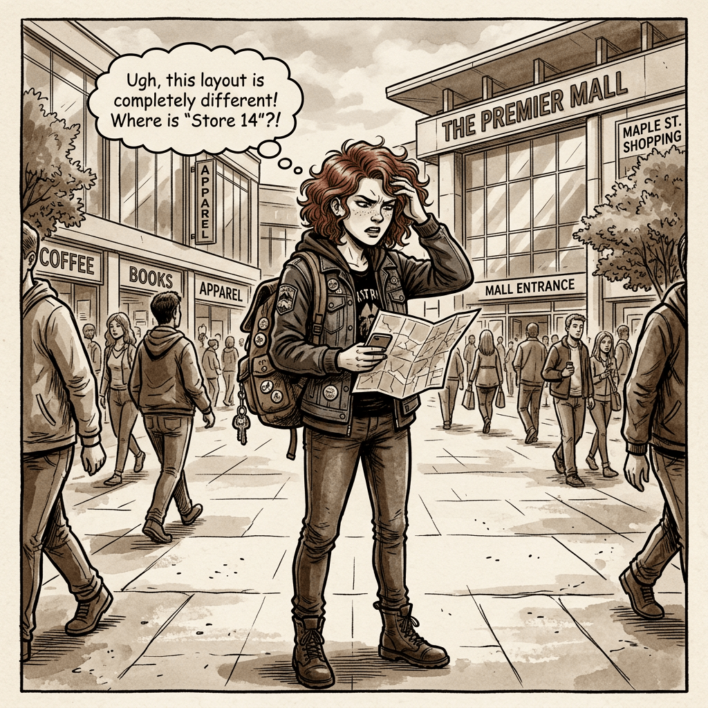 Young woman holding map and phone looking confused in a shopping mall courtyard