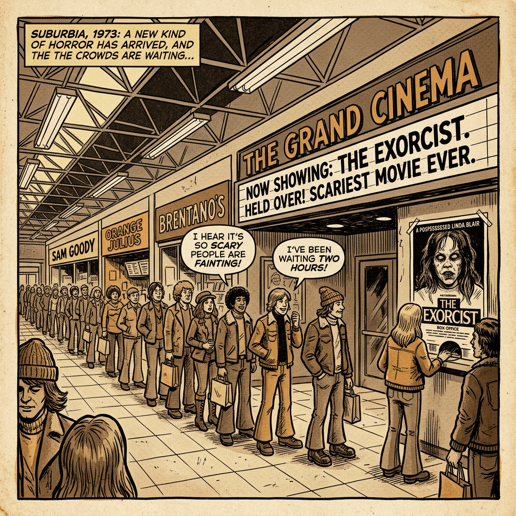 1970s mall showing The Exorcist long lines sepia