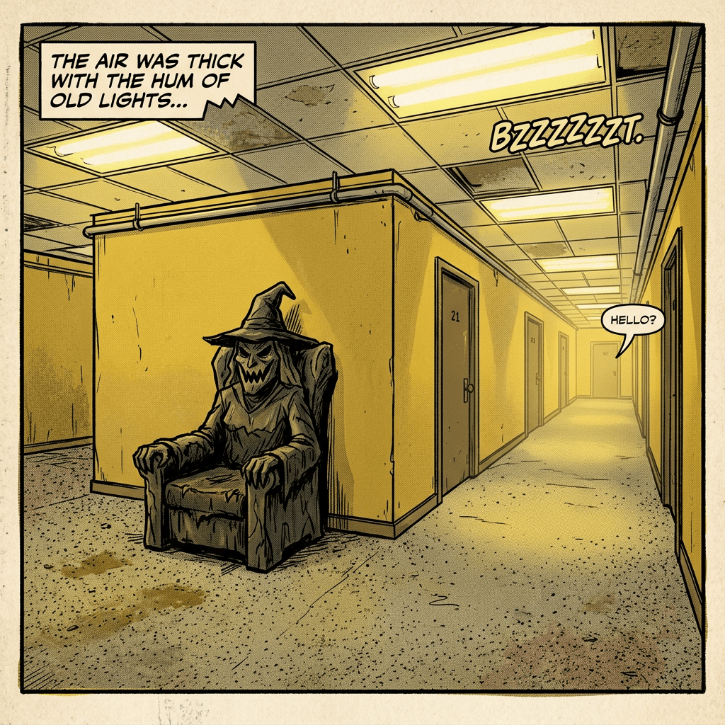Scary figure in a dark robe and pointed hat sitting in an armchair in a grimy, yellow-lit corridor with numbered doors