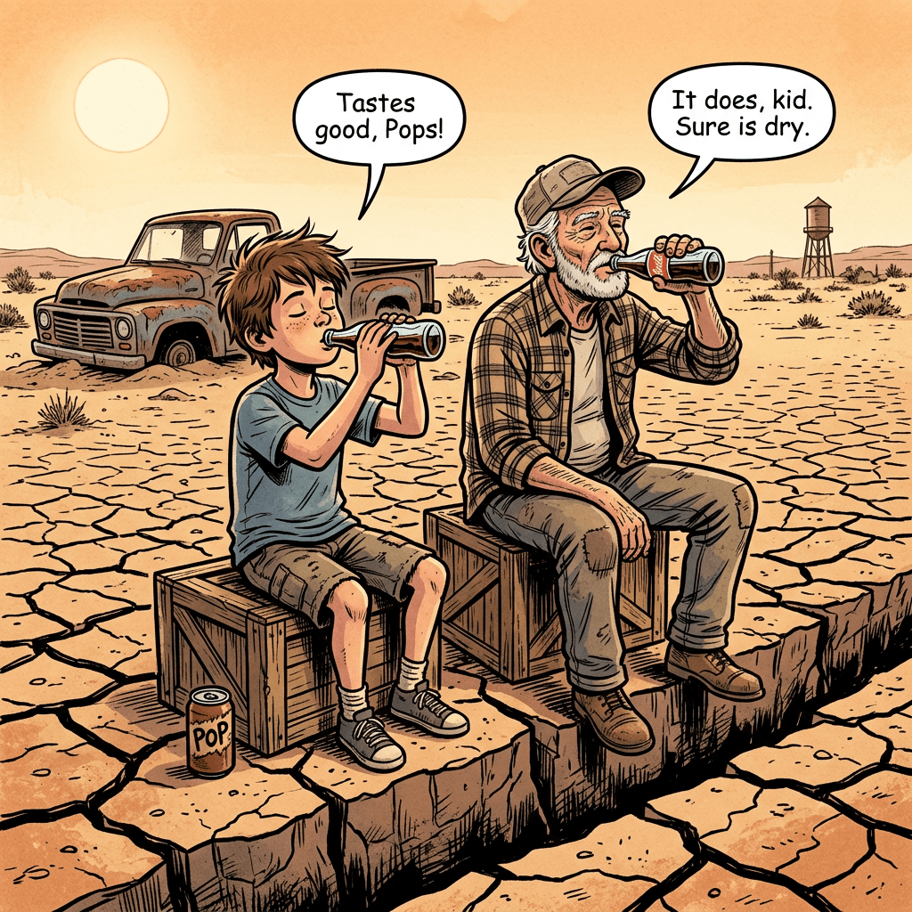 Grandfather and grandson sitting on crates drinking soda in dry cracked desert with old truck and water tower