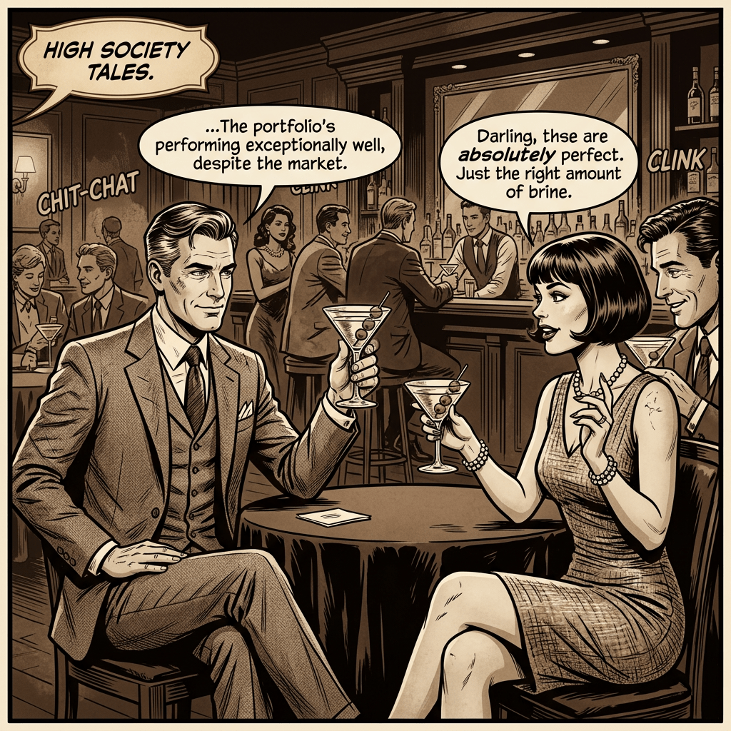 Couple at vintage bar discussing portfolio performance while holding martinis