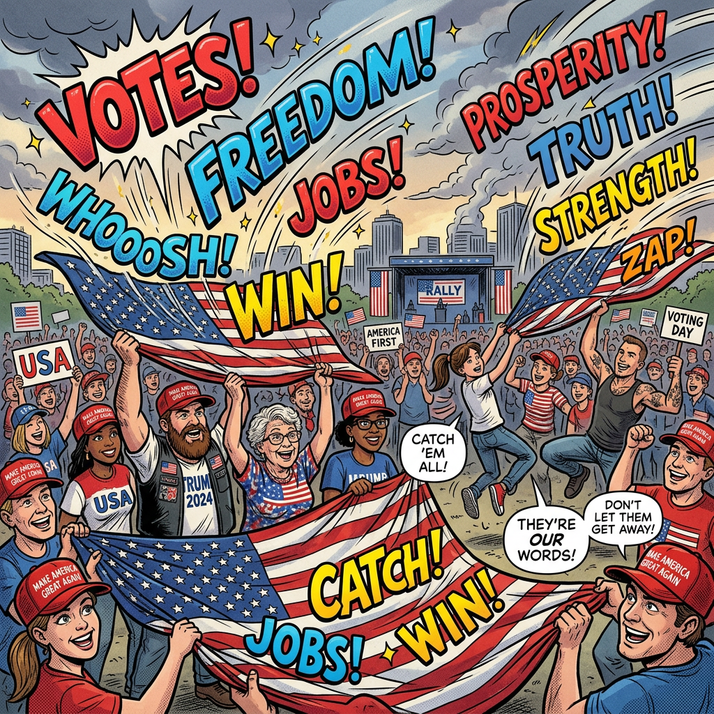 MAGA supporters catching words in flag tarps
