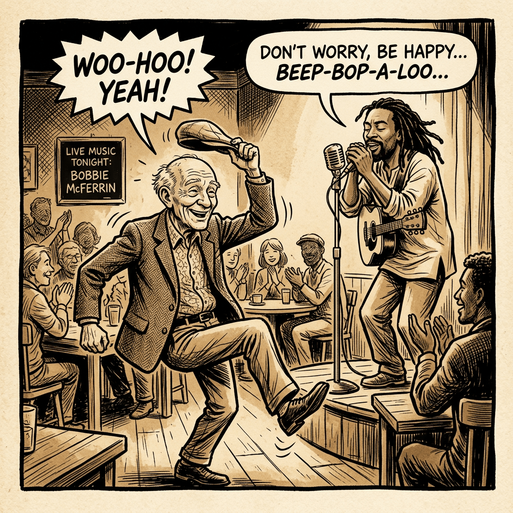 Elderly man dancing energetically beside a singer playing guitar and singing in a lively bar