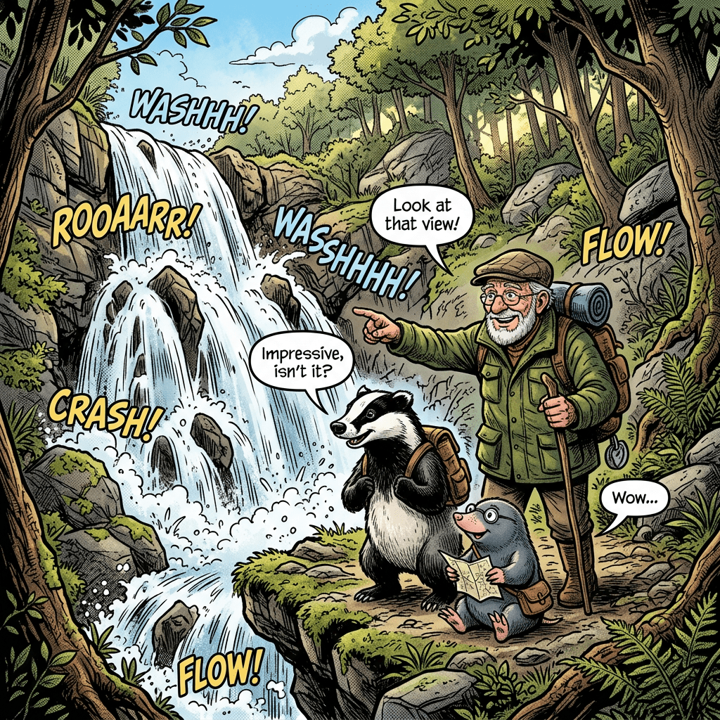 Elderly hiker pointing at waterfall with a badger and a mole holding a map