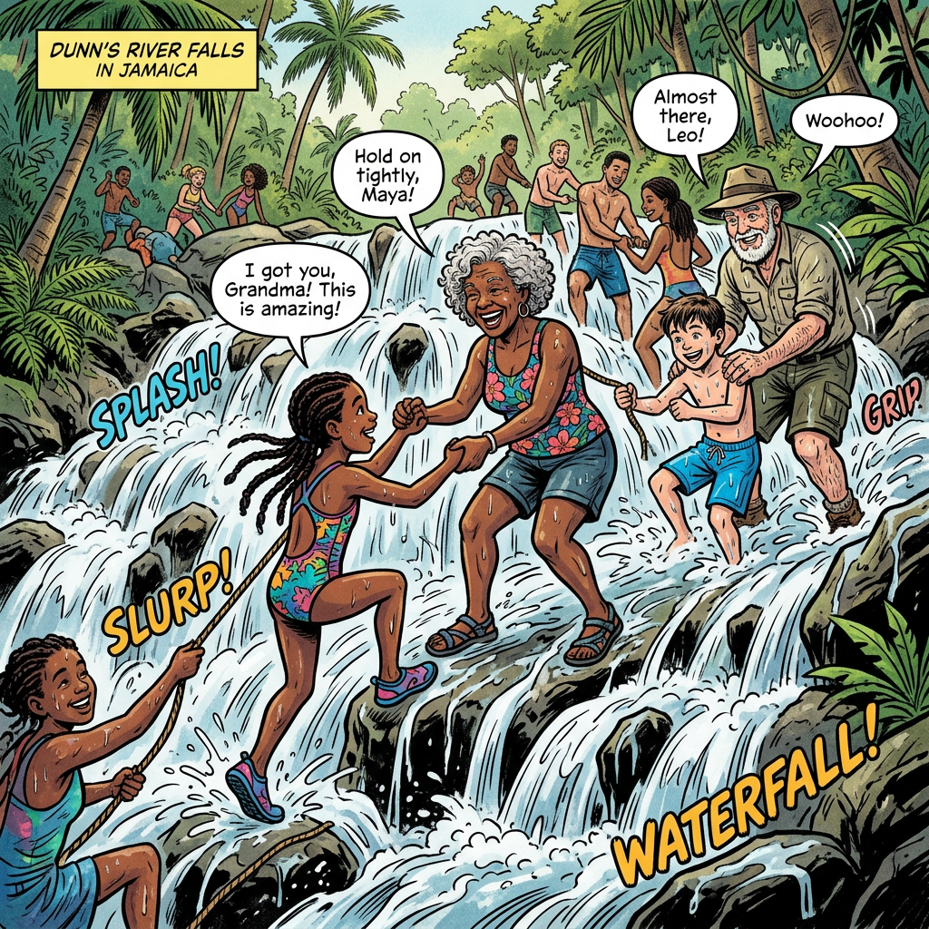 Family climbing slippery rocks at Dunn's River Falls in Jamaica holding ropes and helping each other