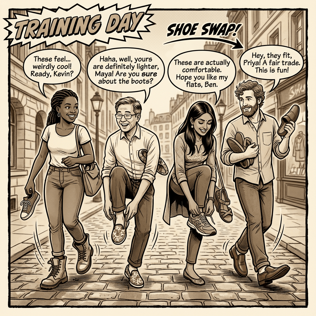 Four friends swapping and trying on shoes while chatting on a cobblestone street