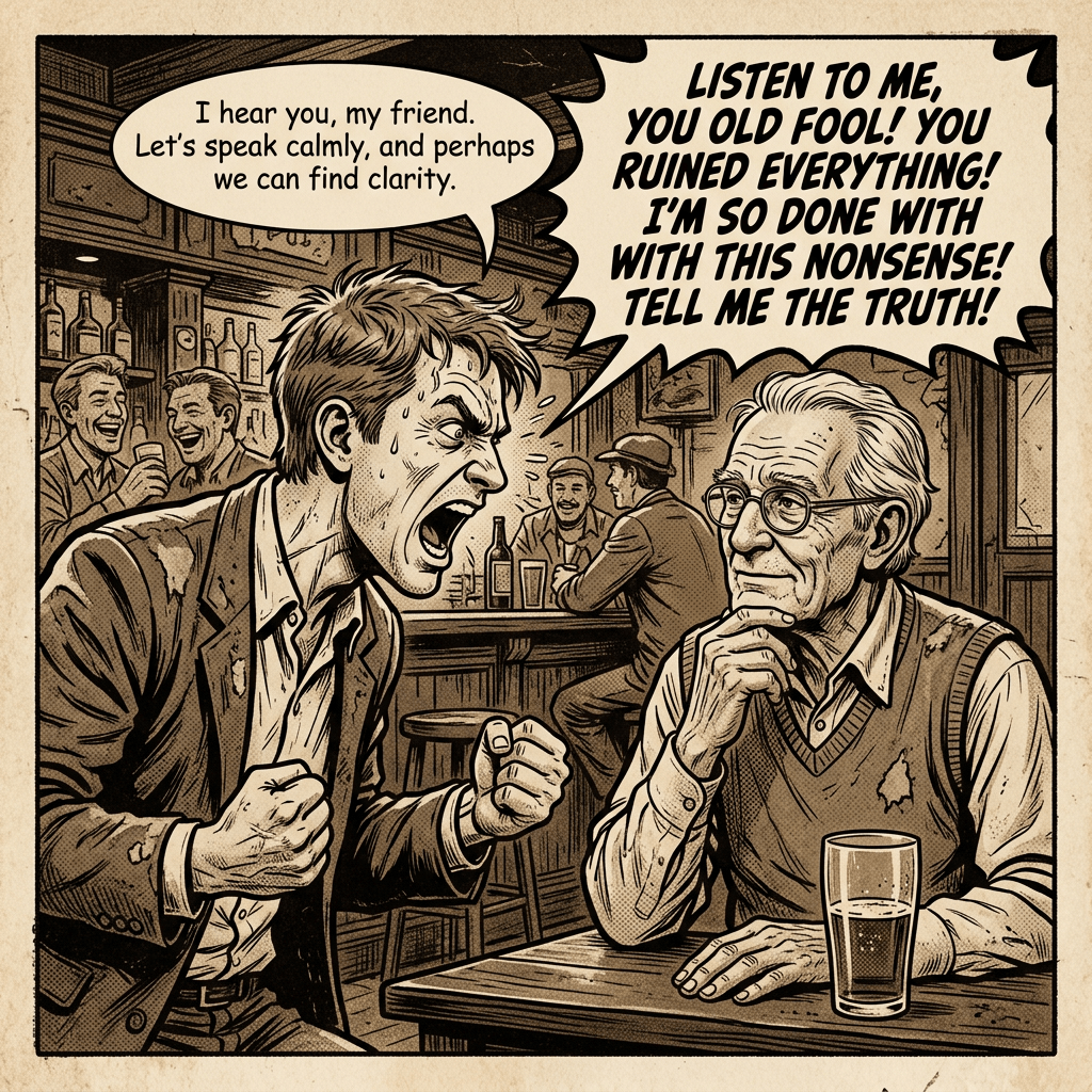 Old man calmly answers angry shouting person sepia