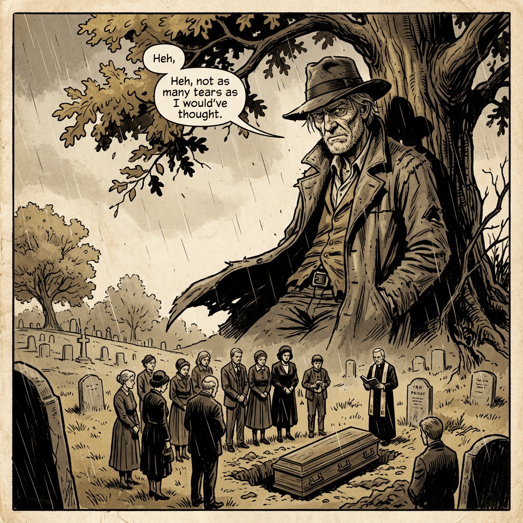 Old man watching his own funeral, sepia