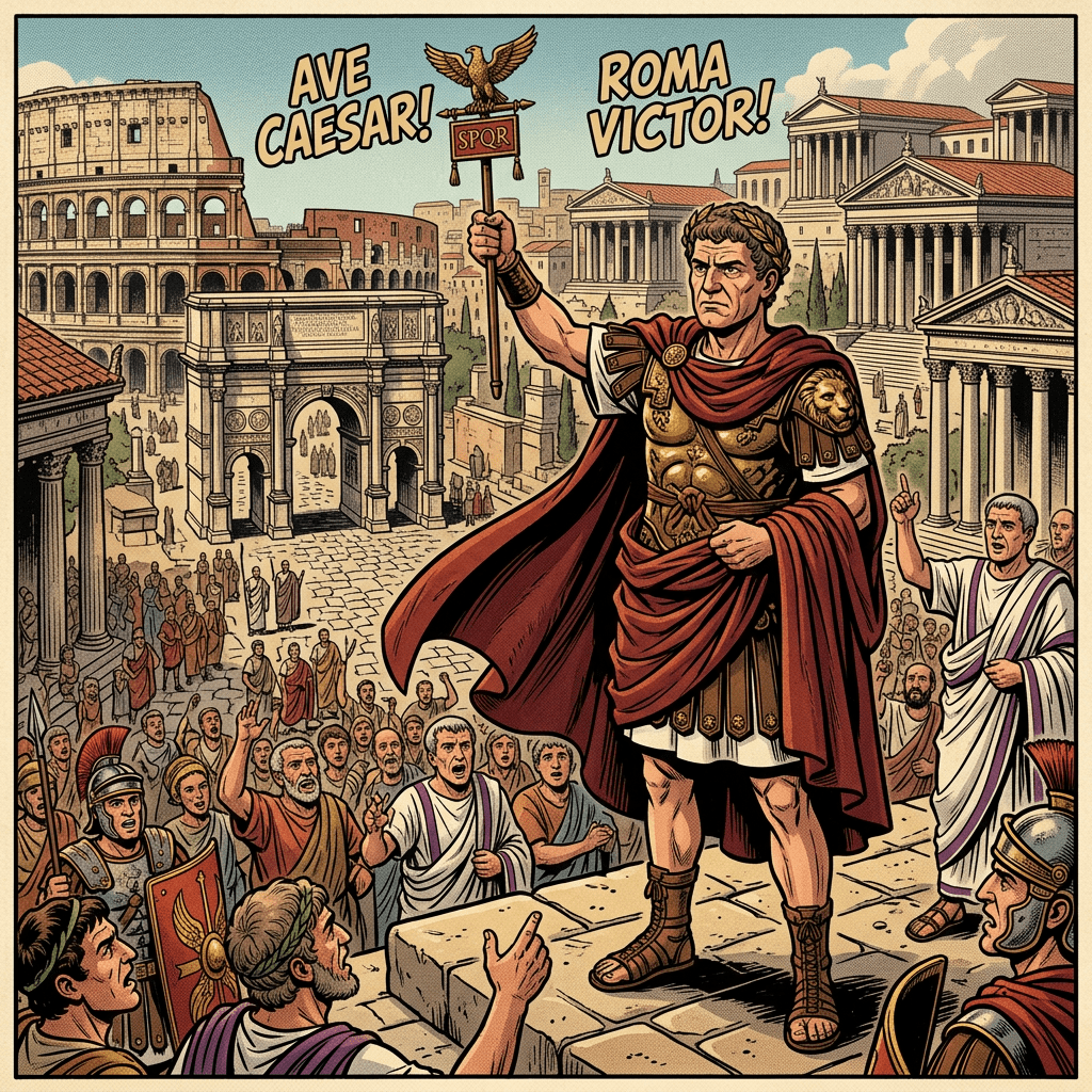 Roman leader in armor and red cloak raising a standard with SPQR, crowd cheering in ancient Roman city