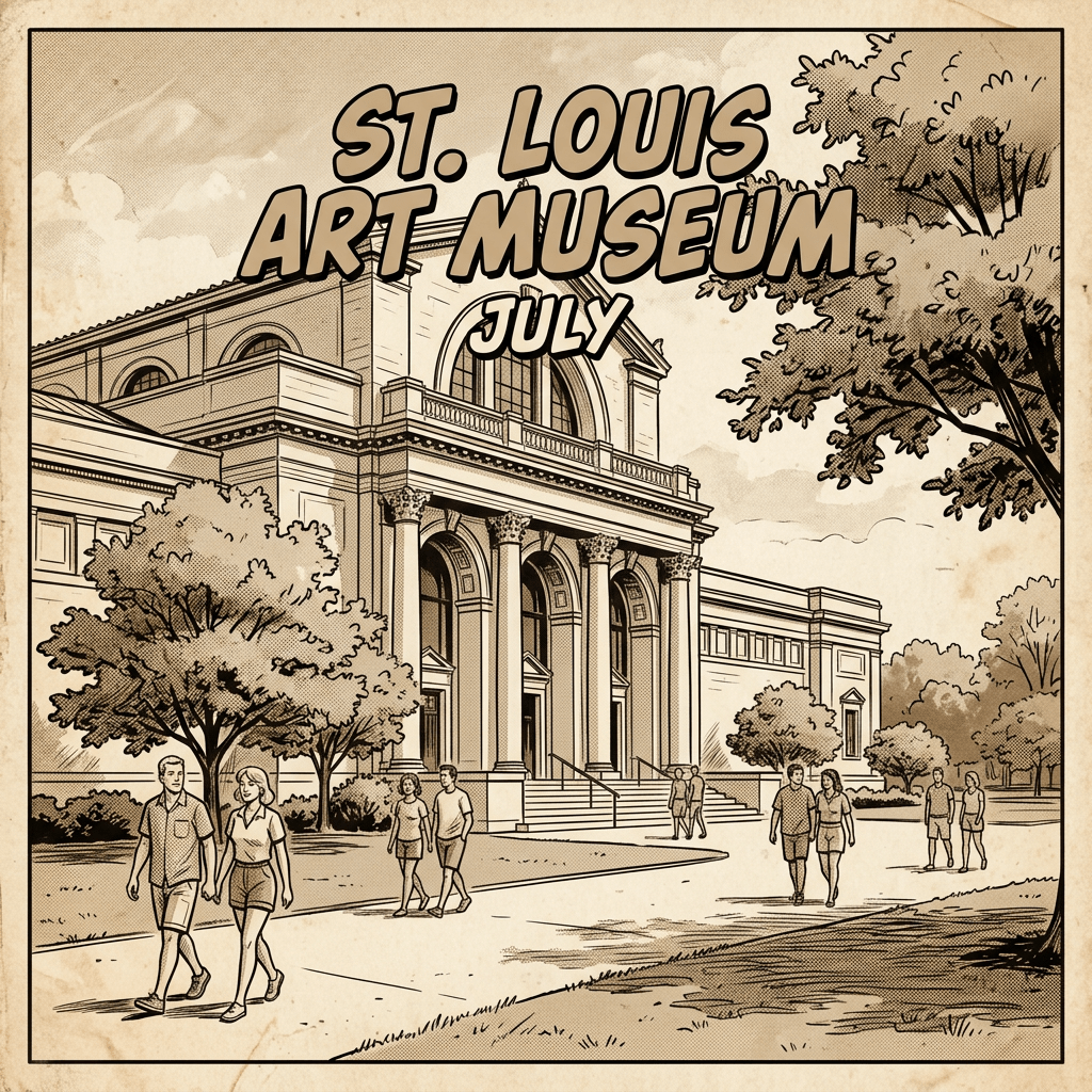 St. Louis Art Museum building with visitors walking outdoors in summer