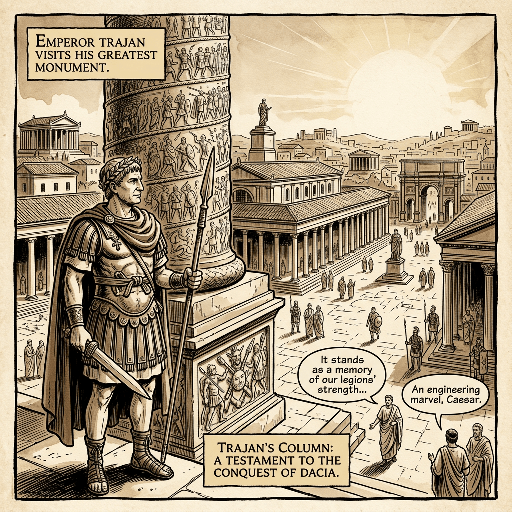 Emperor Trajan standing beside Trajan's Column in ancient Rome with Roman citizens and buildings in the background