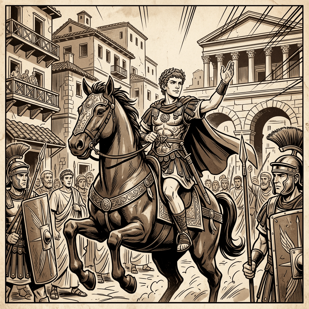 Roman general on horse raising hand to crowd in ancient city street