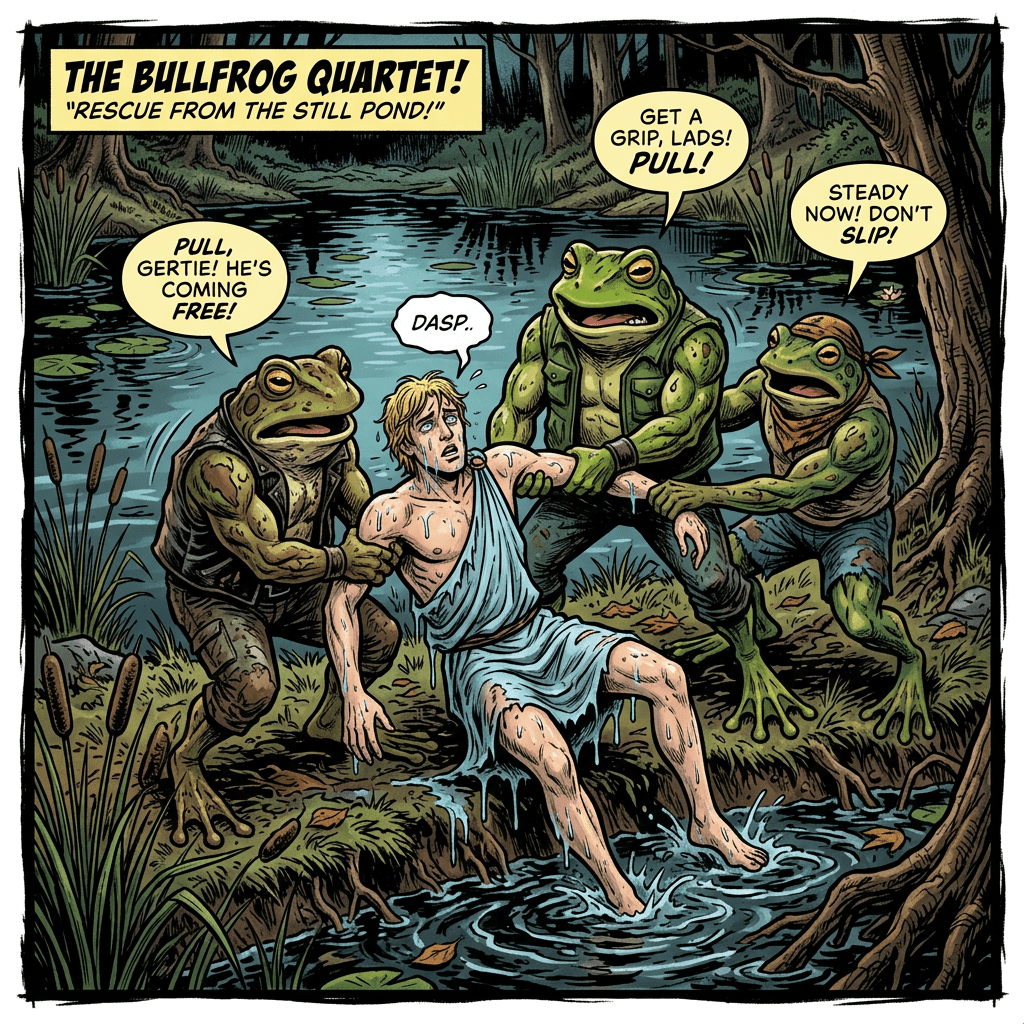 Bullfrog Quartet pulling Narcissus from pond