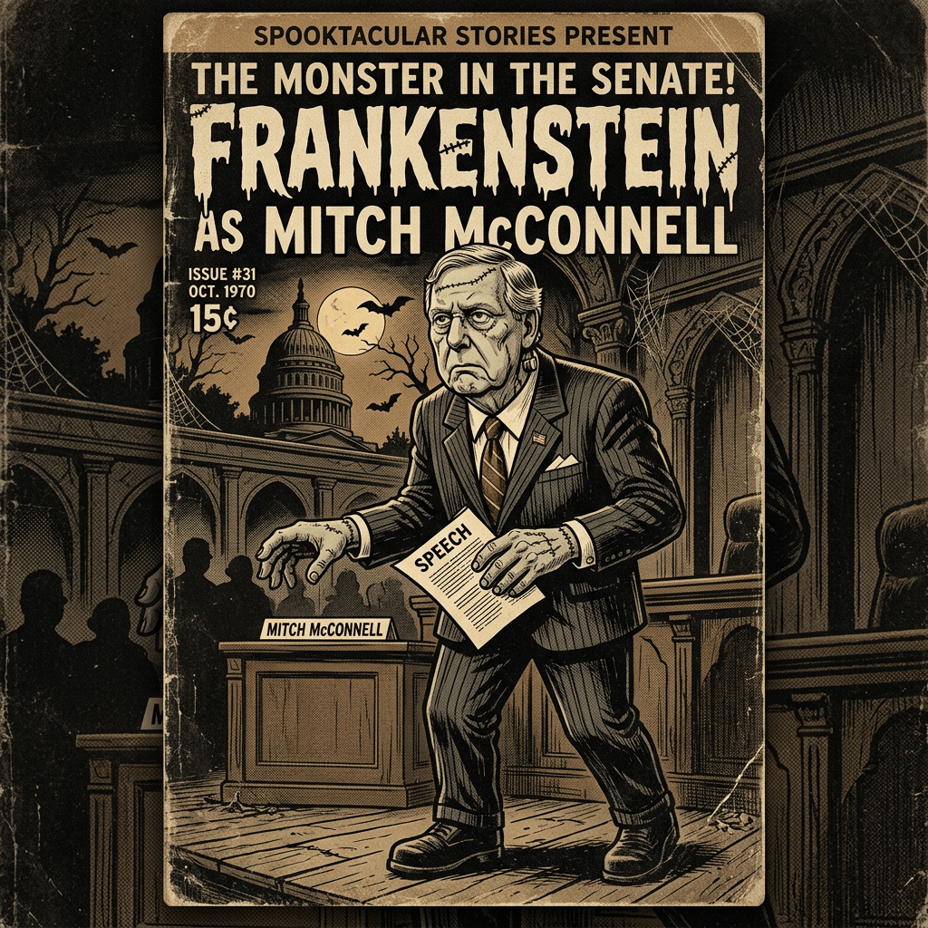 Comic book cover showing Mitch McConnell portrayed as Frankenstein holding a speech in a haunted Senate chamber