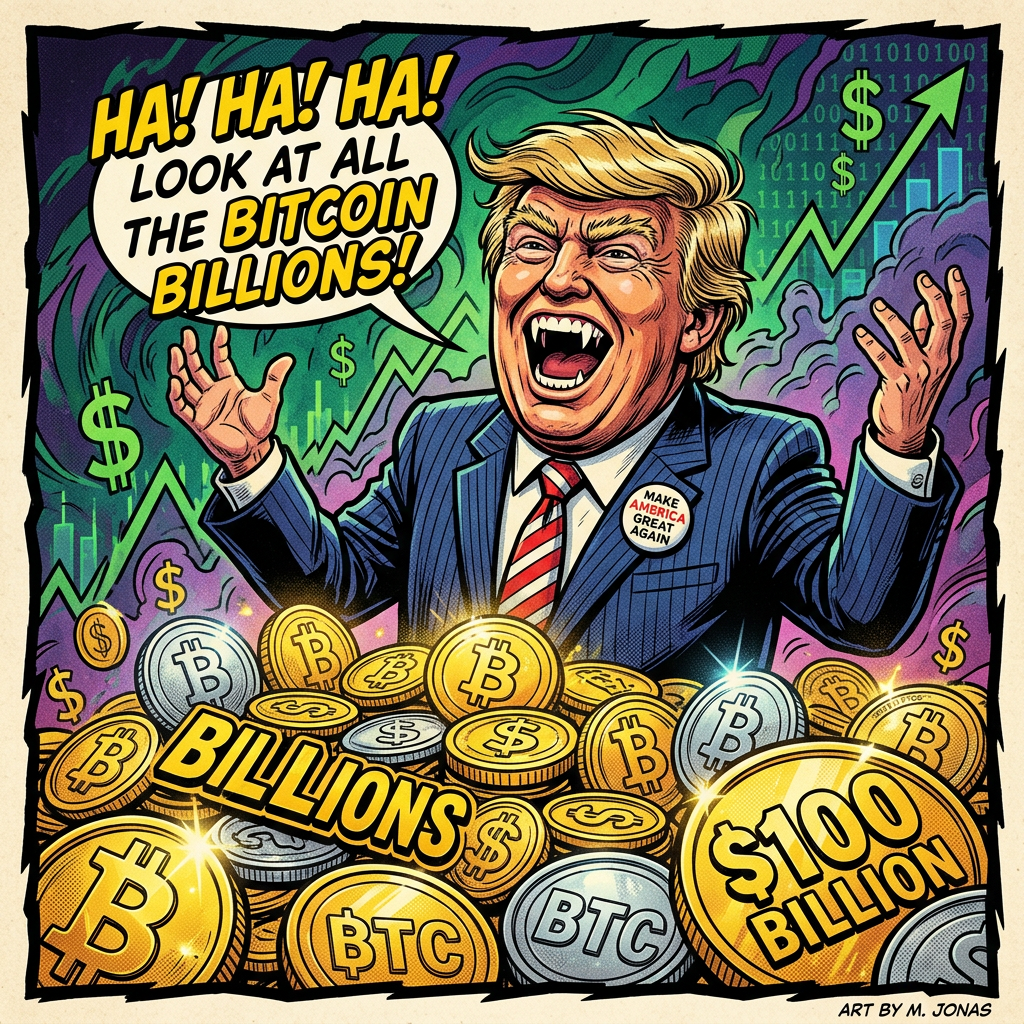 Caricature of a man in a suit laughing with bitcoin and money coins piling up, with speech bubble saying 'HA! HA! HA! LOOK AT ALL THE BITCOIN BILLIONS!'
