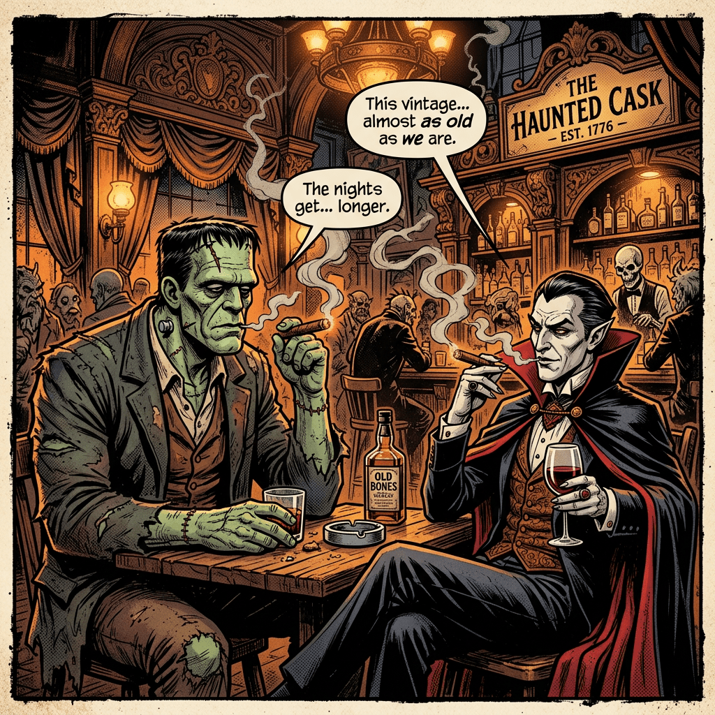Frankenstein and Dracula smoking cigars and drinking at a bar called The Haunted Cask