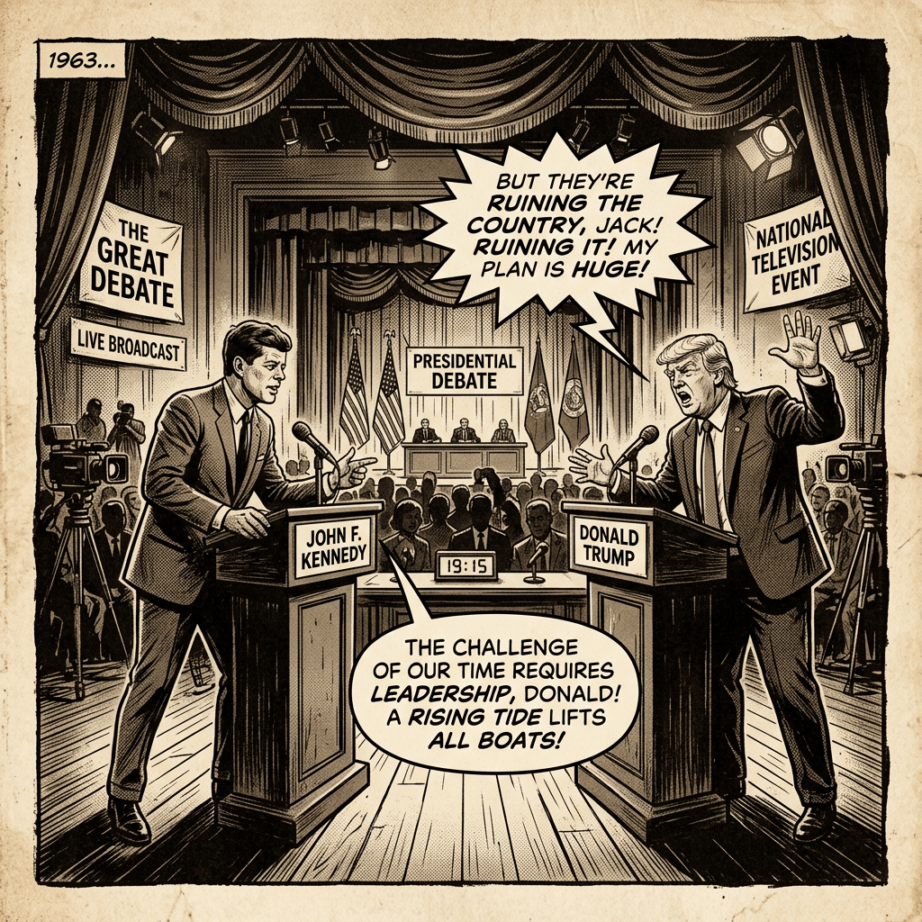 John F. Kennedy and Donald Trump debating in a 1963 presidential debate setting with speech bubbles
