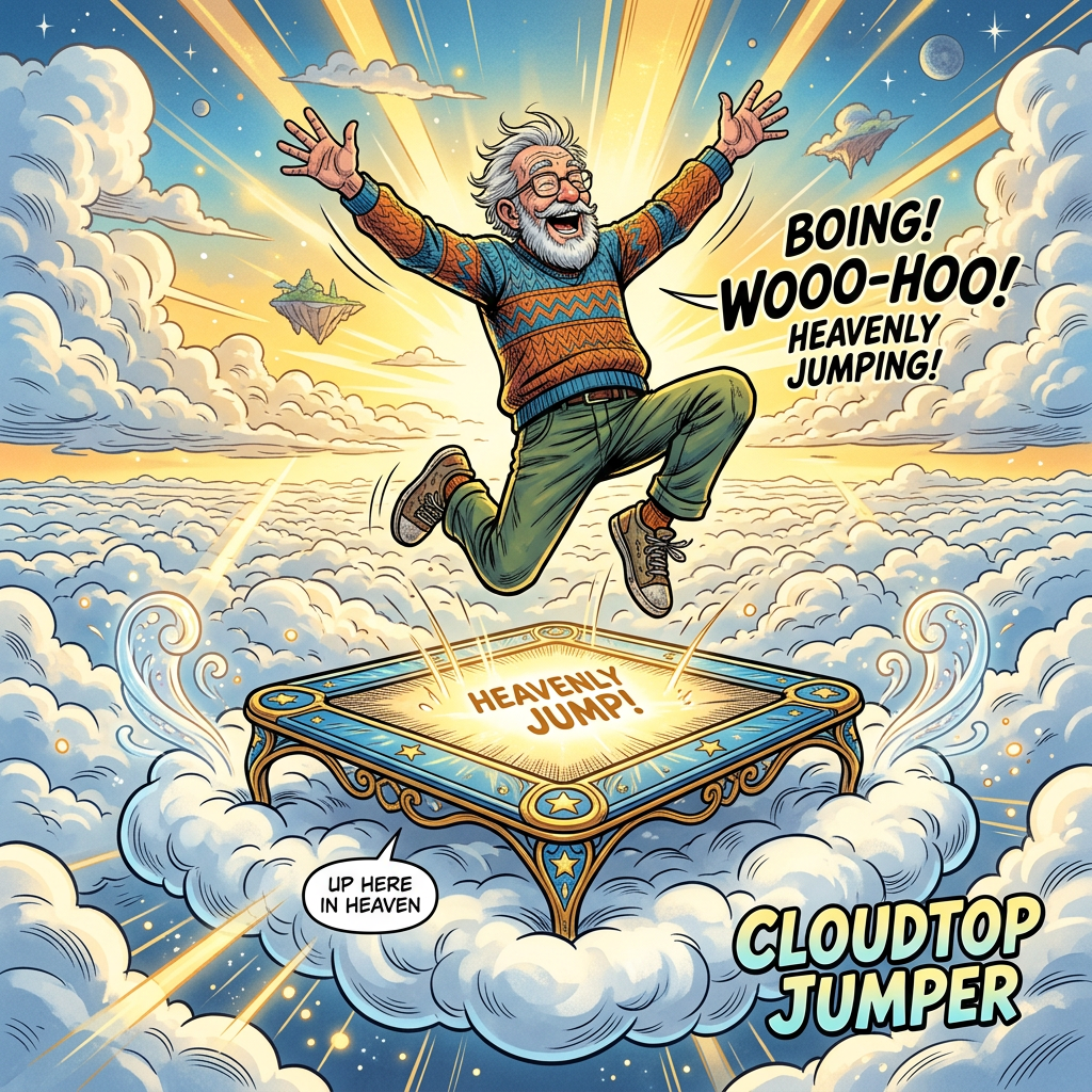 Elderly man jumping on a trampoline in the clouds with text 'Heavenly Jump' and 'Cloudtop Jumper'
