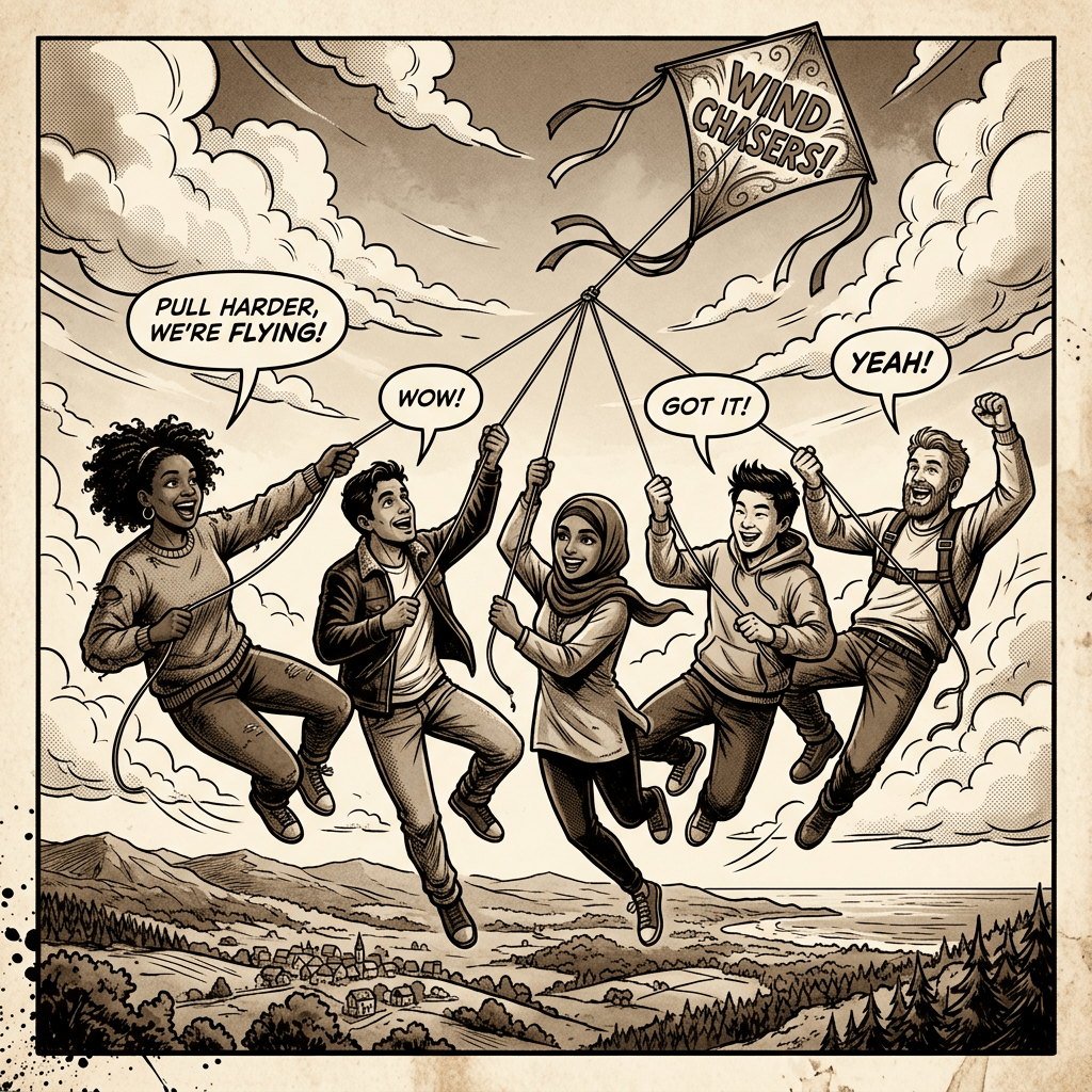 Five friends holding strings together flying a kite labeled Wind Chasers above a scenic landscape