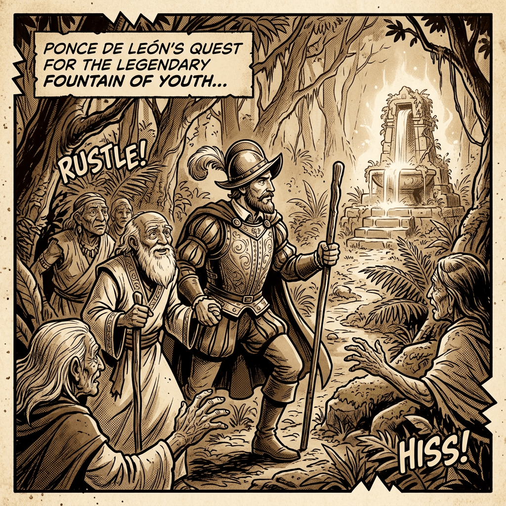 Ponce De Leon with elders seeking Fountain of Youth sepia