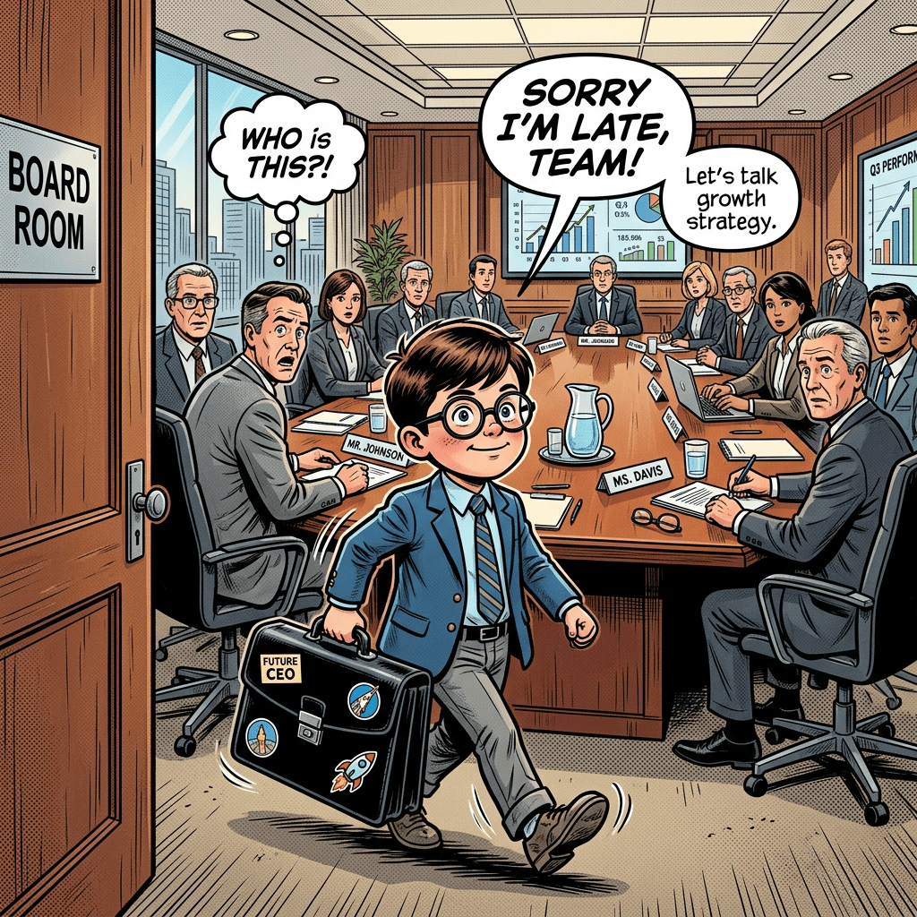 Little boy with glasses carrying briefcase into board meeting