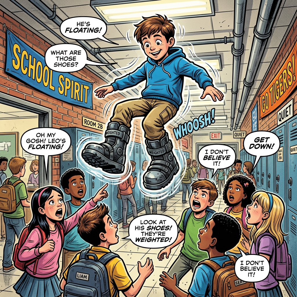 Boy with weighted shoes floating above classmates