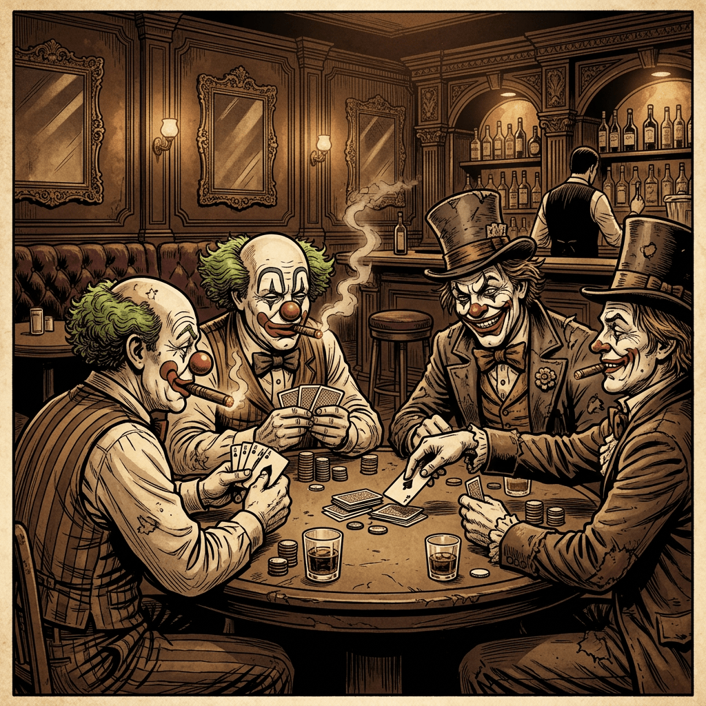 Four clowns with red noses and painted faces playing cards at a round table in a bar