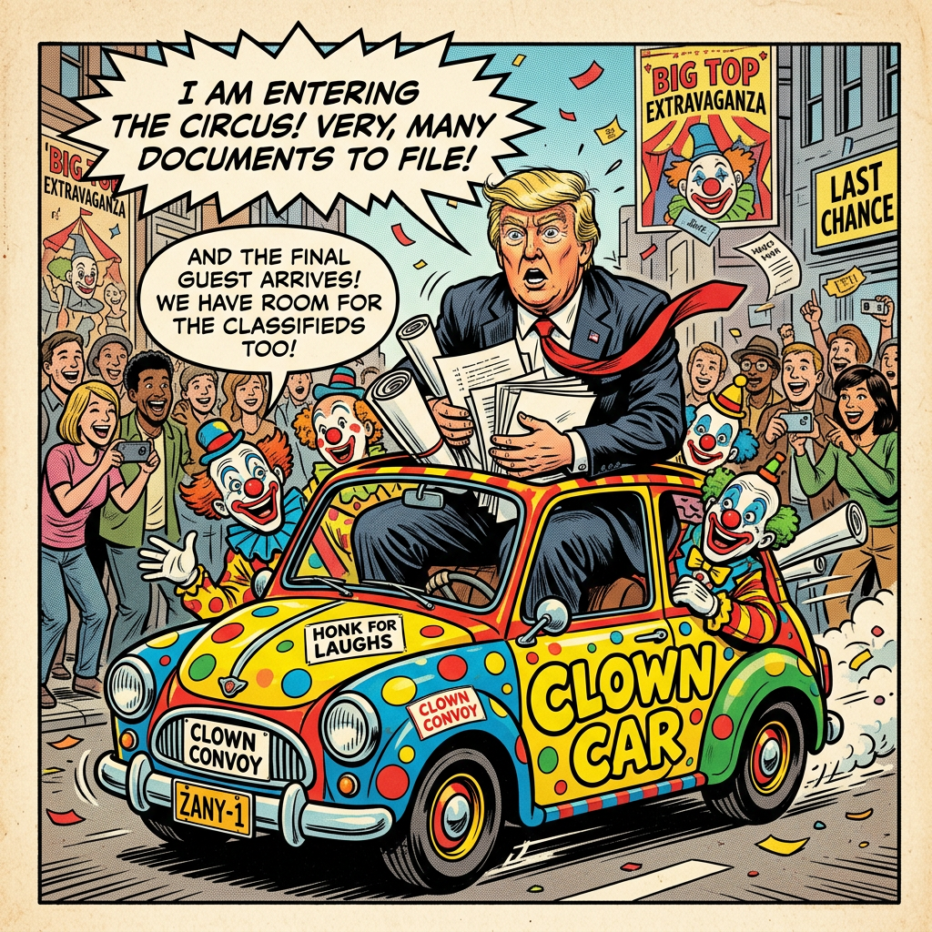 Donald Trump entering clown car with documents