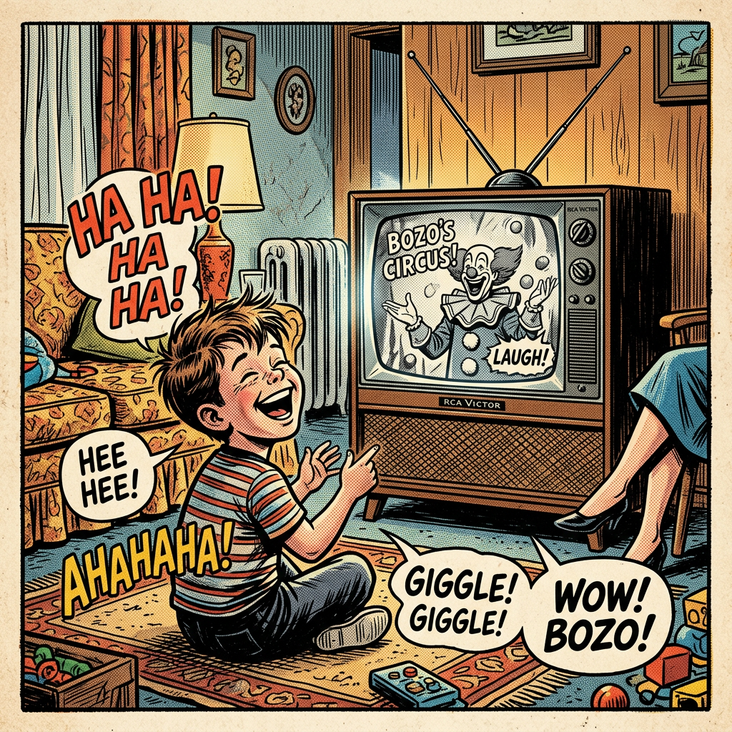 Boy laughing while watching Bozo clown on vintage television