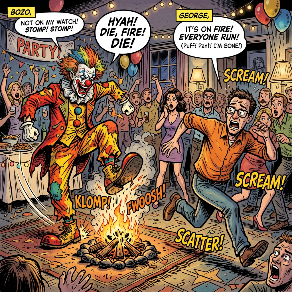 Clown stomps small fire, George fleeing party