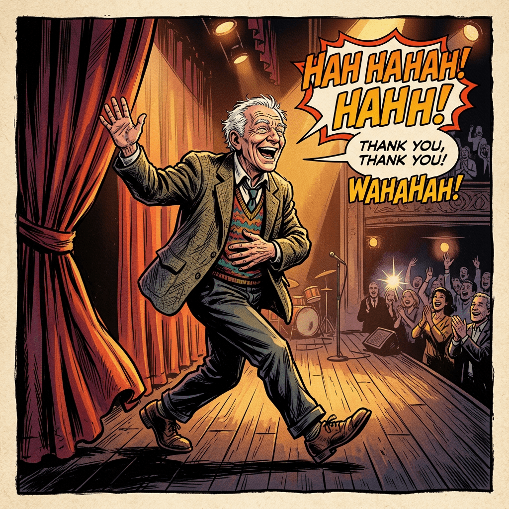 Elderly comedian laughing and bowing on stage with applauding audience
