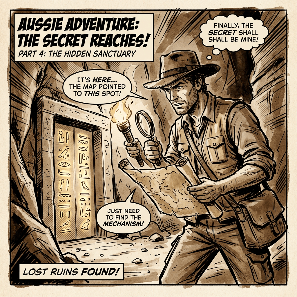 Explorer holding torch and map in ancient ruins with hieroglyph-covered door