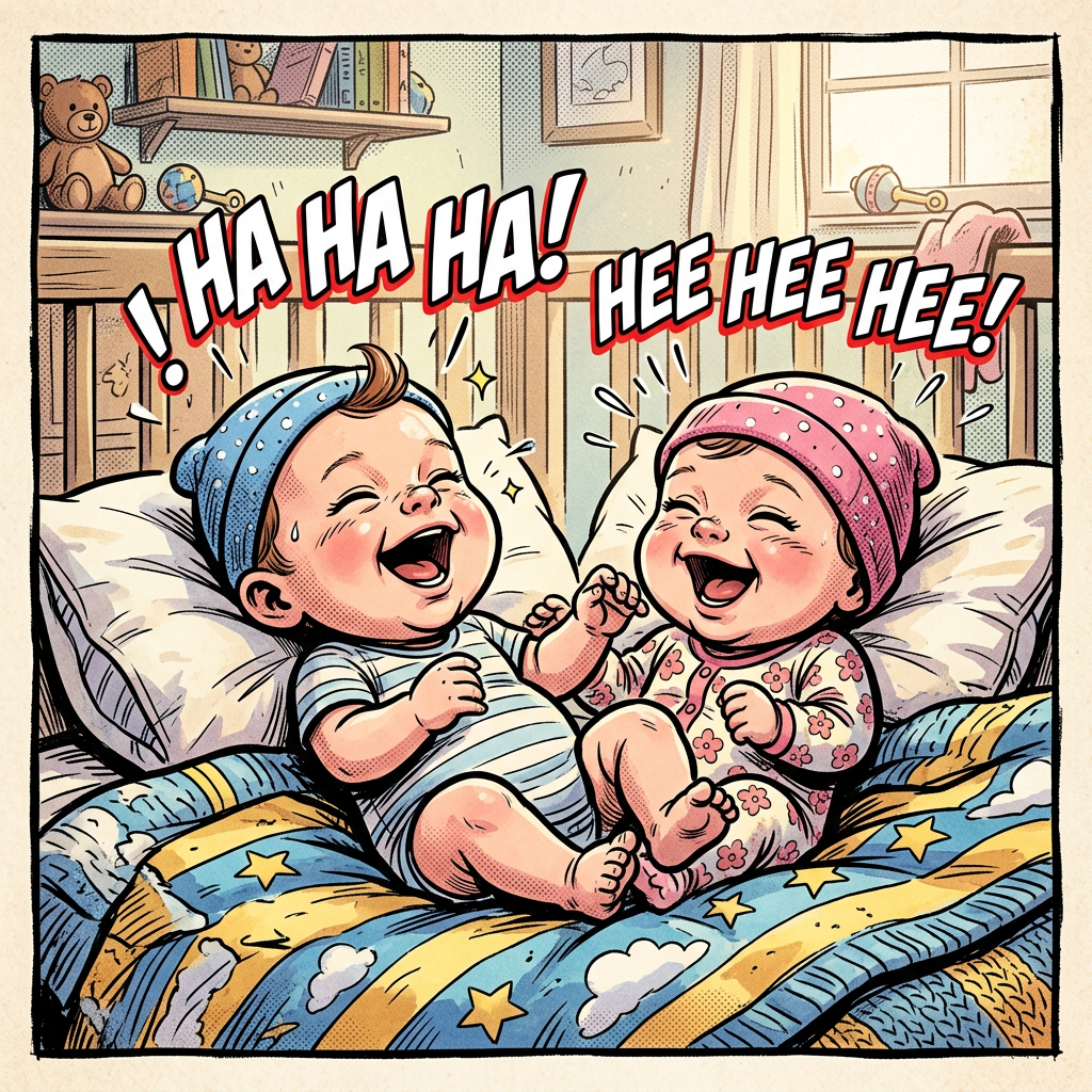 Two babies laughing joyfully on a bed with a colorful star and cloud blanket