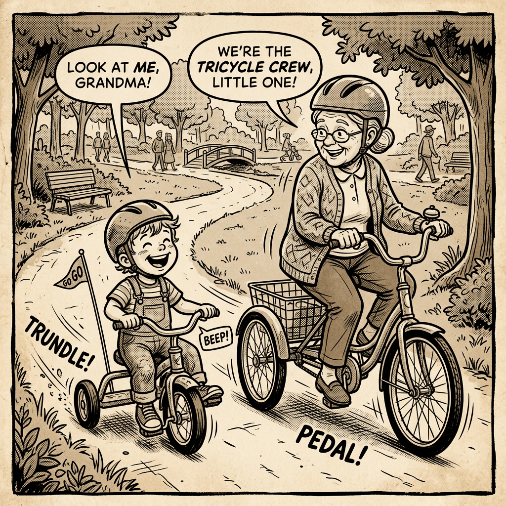 Toddler on tricycle beside elderly on tricycle, sepia