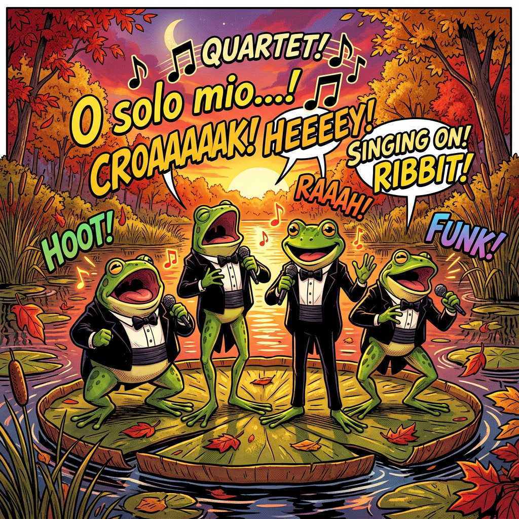 Four frogs in tuxedos singing with microphones on a large lily pad