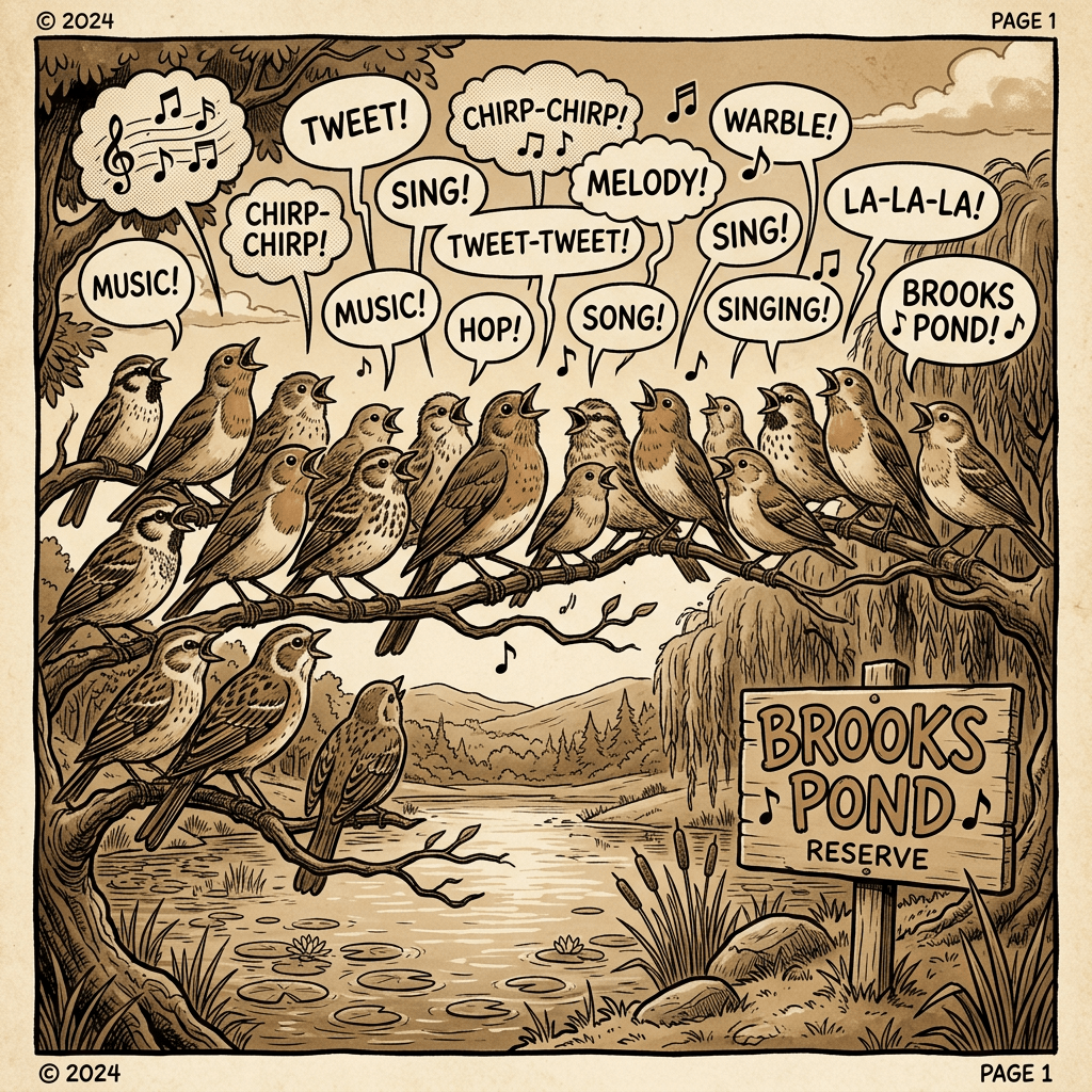 Multiple birds on tree branches singing various musical words near a pond with a sign reading Brooks Pond Reserve