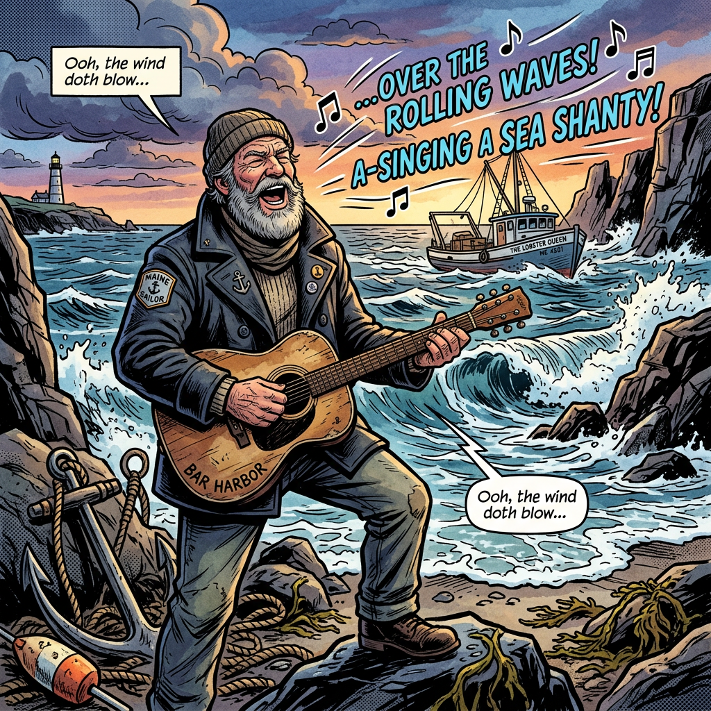 Elderly sailor with guitar singing a sea shanty by ocean rocks and boat
