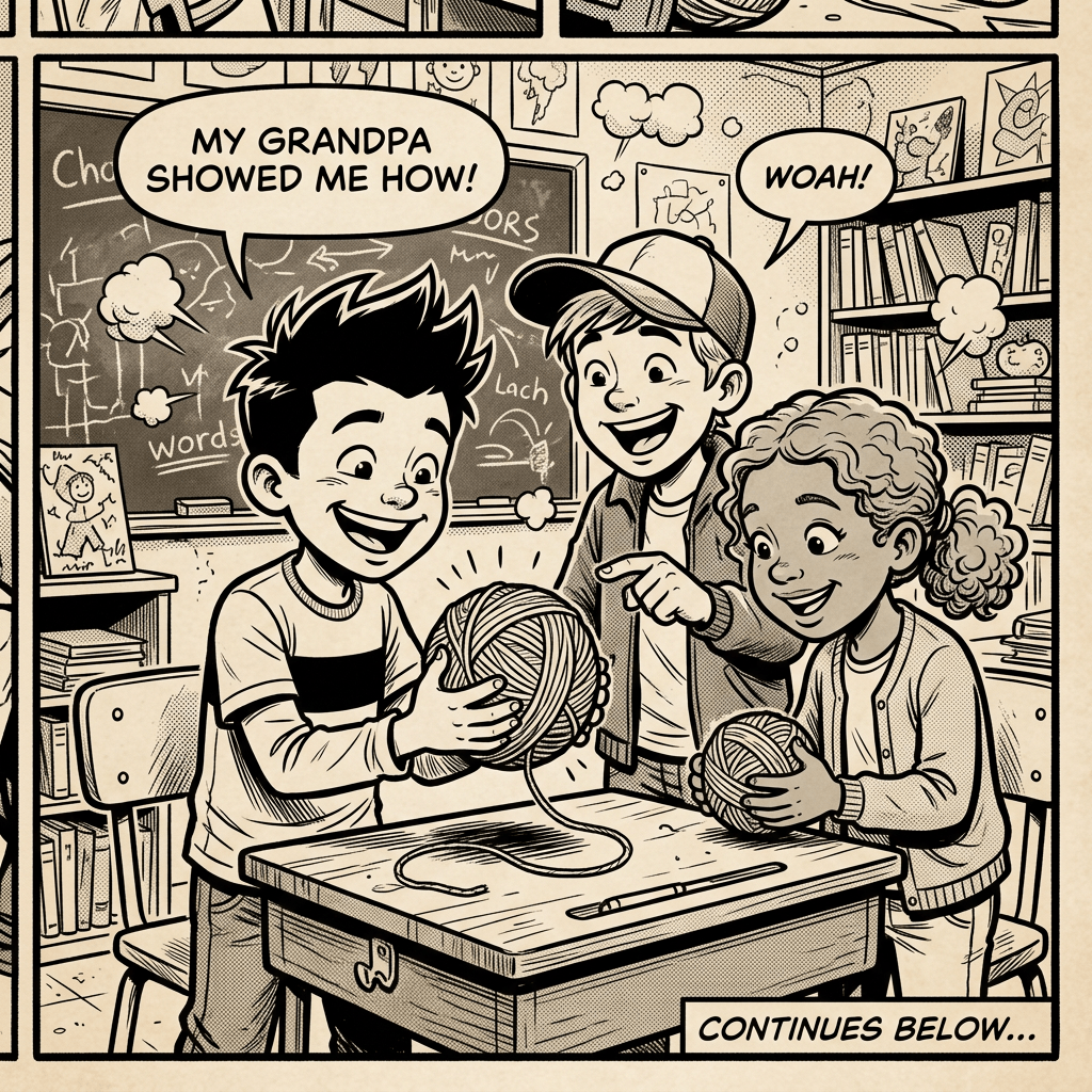 Three children holding balls of yarn and smiling in a classroom setting