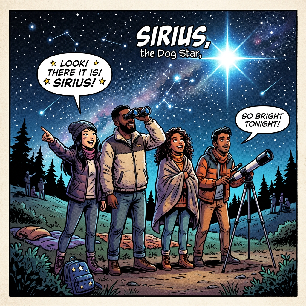 Four people outdoors at night looking at the bright star Sirius using binoculars and a telescope