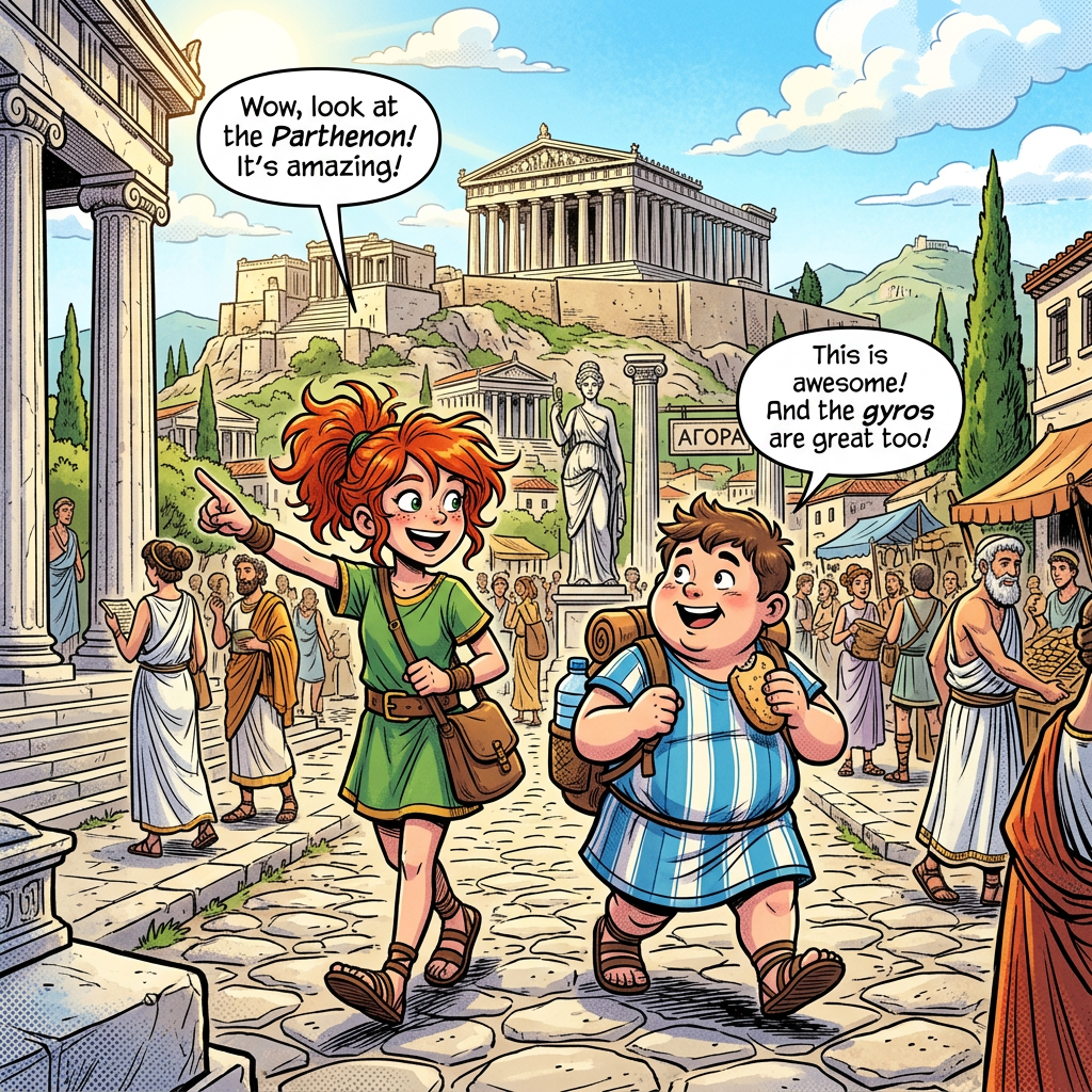 Two excited children walking in ancient Athens, pointing at the Parthenon and eating gyros