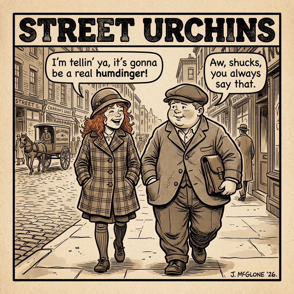 Red-haired girl and heavy boy in 1920s sepia