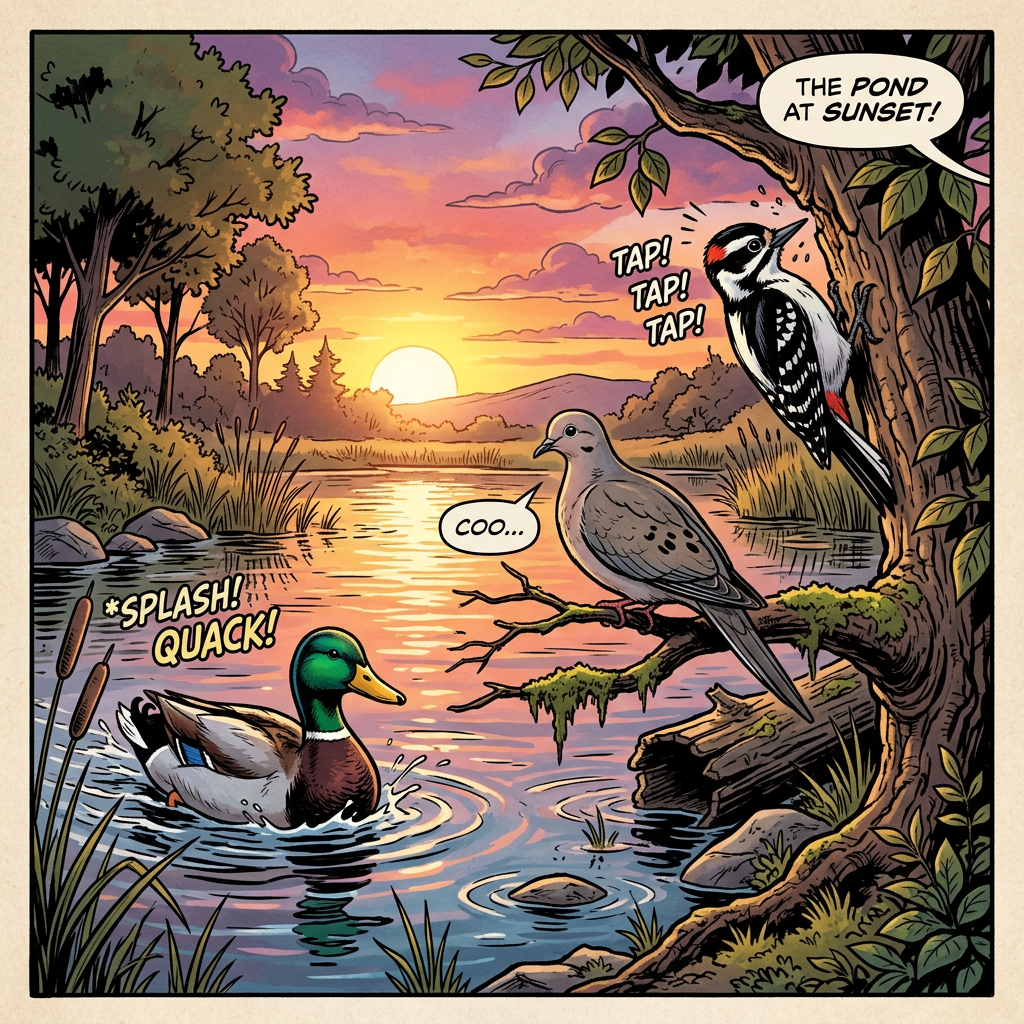 Woodpecker tapping on a tree, dove perched on a branch, and duck swimming in a pond at sunset