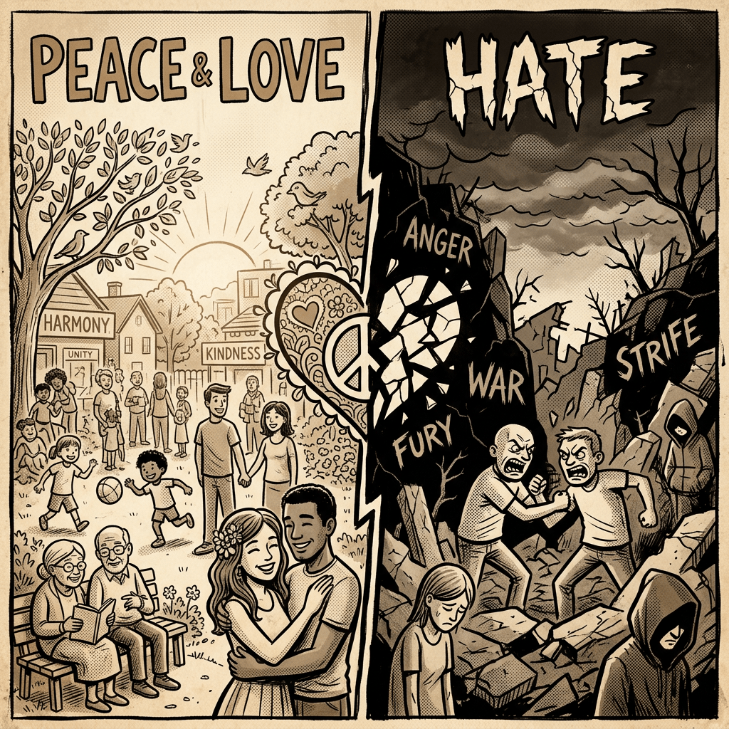 Split image showing a peaceful community with harmony, kindness, and love contrasted with a scene of hate, anger, war and strife