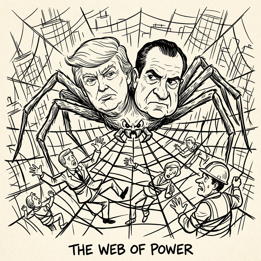 Spider with Trump and Nixon faces trapping people