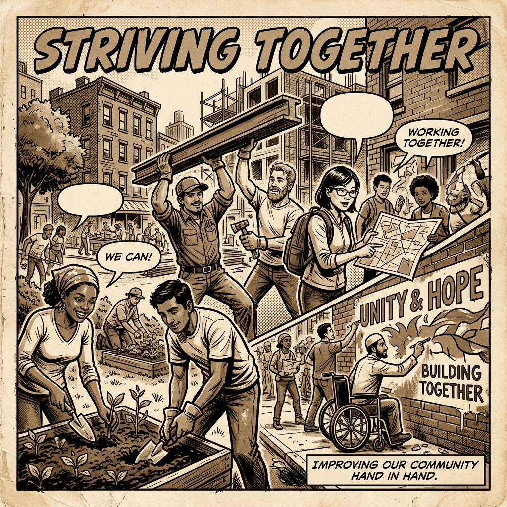 Diverse people striving to improve life together sepia