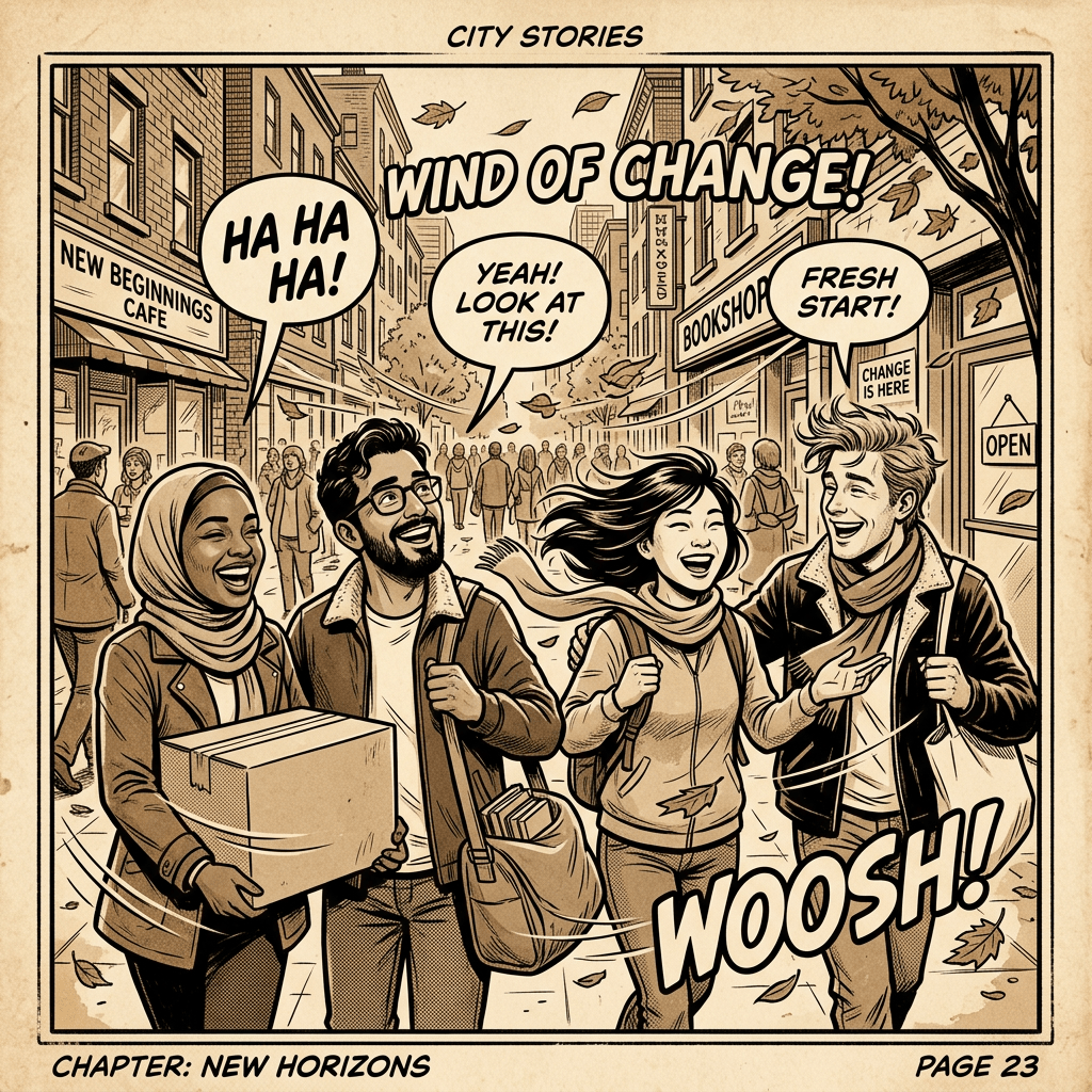 Four diverse friends smiling and talking on a city street with autumn leaves blowing around them