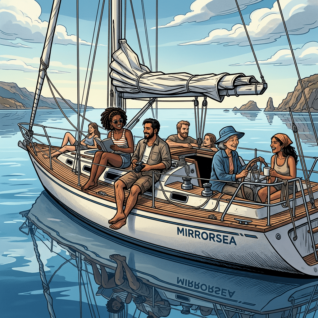 Group of diverse people relaxing and socializing on a sailboat named Mirrorsea.